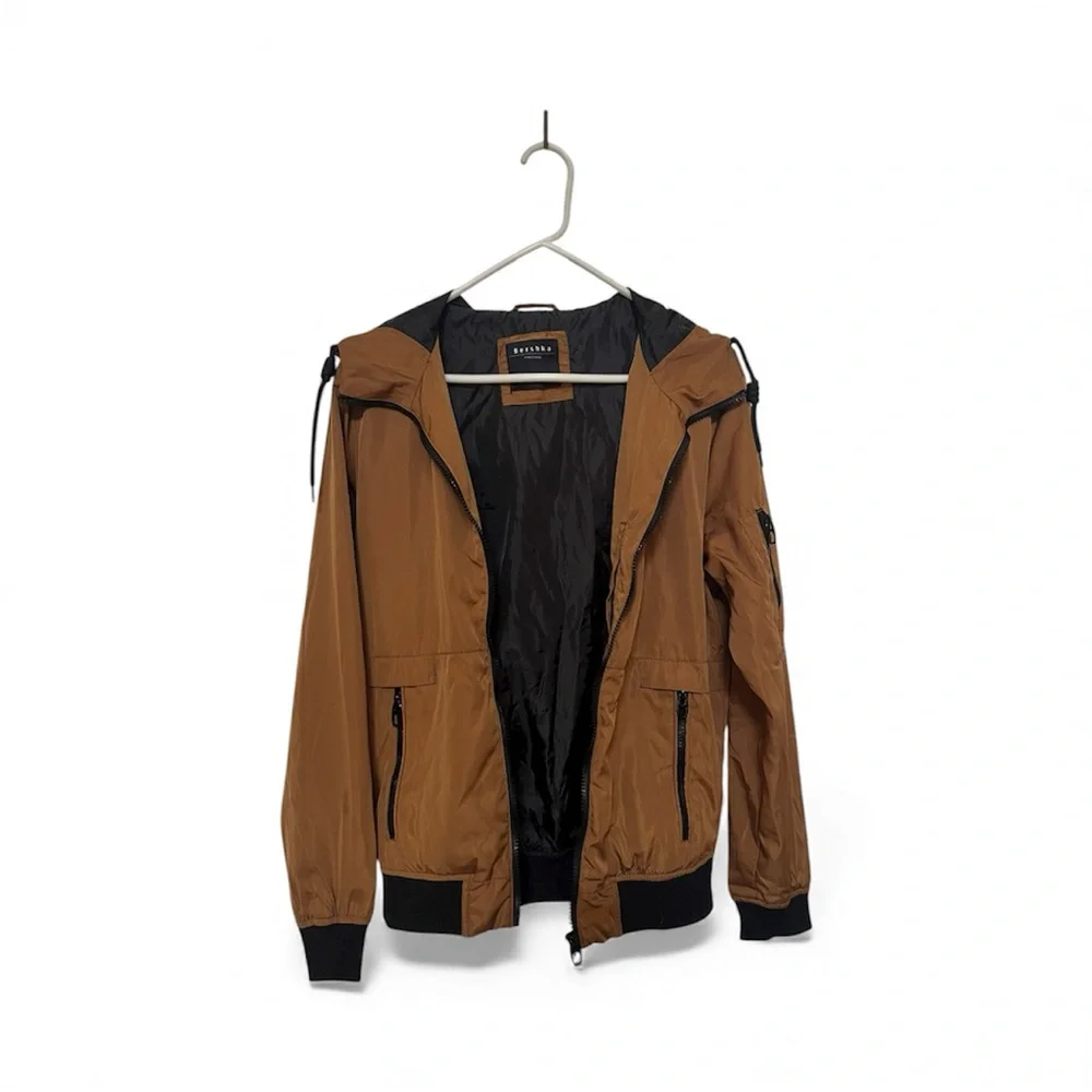 Bershka Brown Hooded Bomber Jacket Mens XS Multiple pockets